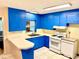 A kitchen with white appliances and distinctive blue cabinetry at 3575 Lake Highland Dr, Palm Harbor, FL 34683