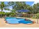 A refreshing backyard pool features a patio umbrella, seating and lush landscaping at 4530 Catalonia S Way, St Petersburg, FL 33712
