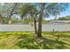 Fenced back yard with well-maintained lawn and mature shade trees creating a comfortable and private outdoor space at 945 Winding Oaks Dr, Palm Harbor, FL 34683