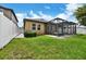 Landscaped backyard showing the screened patio, lawn, and a white privacy fence at 11613 Sweet Tangerine Ln, Tampa, FL 33626