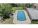 Aerial view of a lovely pool area with an outdoor kitchen, lush greenery, and surrounding patio space at 1310 Rustlewood Dr, Brandon, FL 33510