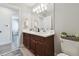 Bathroom featuring double vanity sinks, modern fixtures, and stylish decor to enhance the room's functionality and appeal at 17880 Althea Blue Pl, Lutz, FL 33558