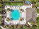 Overhead shot of the pool area, with lounge chairs, palm trees, and a cabana at 17880 Althea Blue Pl, Lutz, FL 33558