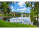 Scenic pond view with a fountain surrounded by lush greenery and nearby residences at 3602 Pine Knot Dr # 0, Valrico, FL 33596