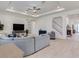 Open-concept living room with a spacious sectional, stylish decor, and seamless flow to the staircase and other living spaces at 6057 Marsh Trail Dr, Odessa, FL 33556