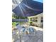 Outdoor lounge area with comfortable seating, a large umbrella, and lush greenery, creating a relaxing backyard retreat at 7427 Banner St, New Port Richey, FL 34653