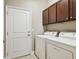 Laundry room with full-sized washer and dryer and upper cabinets for storage at 11317 Wickersley Pl, Tampa, FL 33625
