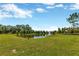 Scenic pond view showcasing a tranquil fountain, lush greenery, and clear blue skies at 12710 Buffalo Run Drive, Gibsonton, FL 33534