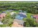 Aerial image of homes in a suburban area with mature trees, lawns, community pool, and peaceful streets at 13310 Tiger Lilly Ln, Tampa, FL 33625