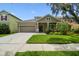 Well-manicured lawn with plants in front of beige home with front-facing two car garage at 13310 Tiger Lilly Ln, Tampa, FL 33625