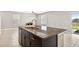 Kitchen island features granite countertops, a double sink, and an open concept living space at 13324 Willow Bluestar Loop, Riverview, FL 33579