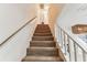 Carpeted stairway with white wood railing leads to the upper level of the home at 3335 Fox Hunt Dr, Palm Harbor, FL 34683