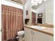 Bathroom with shower, vanity, sink, toilet, and brown shower curtain at 4428 Gevalia Dr, Brooksville, FL 34604