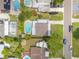 Aerial view of home with pool, lush backyard, and mature trees in a residential neighborhood at 4915 Stolls Ave, Tampa, FL 33615