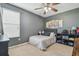 Cozy bedroom with gray walls, neutral carpet, a window with blinds, and a ceiling fan at 1012 Seminole Sky Dr, Ruskin, FL 33570