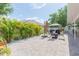 The backyard features a brick patio, seating, grill, and a row of tropical plants against a white fence at 11913 Butler Woods Cir, Riverview, FL 33579
