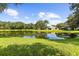 Picturesque view of a serene pond reflecting the surrounding homes and trees at 4511 Preston Woods Dr, Valrico, FL 33596