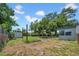 View of the back yard showcasing mature trees, garden bed, fire pit, and storage shed at 762 77Th N Ave, St Petersburg, FL 33702