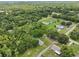 An aerial view that shows a community with houses, trees, and a pool in one of the backyards at 26223 Chianina Dr, Wesley Chapel, FL 33544