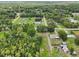 This aerial view shows the properties and landscaping in the neighborhood, and highlights the surrounding green space at 26223 Chianina Dr, Wesley Chapel, FL 33544