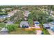 Aerial view of a charming blue home with a large backyard, garage, and a well-manicured lawn at 301 Kingston S St, St Petersburg, FL 33711