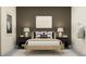 Bedroom featuring a platform bed, bedside tables, decorative artwork, and neutral walls at 9360 Gladsome Dr, Land O Lakes, FL 34637