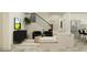 Inviting living room with a staircase, modern furniture, stylish decor, and open layout at 9360 Gladsome Dr, Land O Lakes, FL 34637