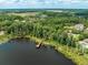 Scenic aerial view of lake with dock surrounded by lush greenery and distant community amenities at 1014 Stella Vara Dr, Lutz, FL 33548