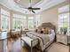 Luxurious bedroom with a tufted headboard, tray ceiling, and plenty of natural light at 1014 Stella Vara Dr, Lutz, FL 33548