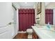 Cozy bathroom featuring a tub with shower, dark wooden cabinets and wood-look floors at 11610 Grove Arcade Dr, Riverview, FL 33569
