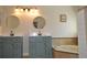 Spacious bathroom featuring double sinks with sage cabinets and a soaking tub with tile surround at 3212 Stevenson St, Plant City, FL 33566