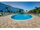 Community pool surrounded by lounge chairs and beautiful landscaping under a blue sky at 3315 58Th S Ave # 115, St Petersburg, FL 33712