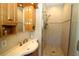 Bathroom with wood cabinets, a white sink and shower, and neutral colored tile at 6045 2Nd N Ave, St Petersburg, FL 33710