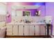 Bathroom with double sink vanity, ample storage, and bright purple walls at 11109 Sumner Rd, Wimauma, FL 33598