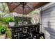 Outdoor bar area with seating, a stylish flamingo plate, and lush greenery, perfect for entertaining guests at 11760 Ashley Ct, Seminole, FL 33772