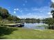 Green backyard featuring lake access and a wooden dock under a blue, partly cloudy sky at 14935 Ogden Loop, Odessa, FL 33556