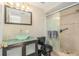 Modern bathroom features glass bowl sink, decorative light fixture, and tiled shower at 15612 Farnsworth Ln, Tampa, FL 33624
