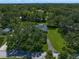 Aerial view of a home with mature trees, lush landscaping, circular driveway, and traditional architecture at 1681 Long Bow Ln, Clearwater, FL 33764