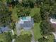 Aerial view showcasing the home's layout, swimming pool, landscaping, and circular driveway at 1681 Long Bow Ln, Clearwater, FL 33764