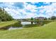 Backyard view overlooking a serene pond, with lush grass and neighborhood homes at 19309 Prairie Tree Pl, Tampa, FL 33647