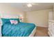 Cozy bedroom featuring a white-framed bed with a plush teal comforter and decorative pillows at 19309 Prairie Tree Pl, Tampa, FL 33647