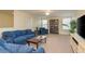 Spacious carpeted living room with natural light, denim furniture, bookcase, and stylish decorations at 19309 Prairie Tree Pl, Tampa, FL 33647