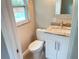 Compact bathroom features a toilet, vanity with stone top, and pool view through a window at 12417 N Rome Ave, Tampa, FL 33612