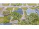 Birds-eye view of a single-story home featuring a long driveway, lush tree, gravel yard, and fenced perimeter at 13916 Briardale Ln, Tampa, FL 33618