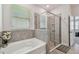 Bathroom featuring a soaking tub, tiled shower, and bright natural light at 2518 Chapel Oak Bnd, Wesley Chapel, FL 33543