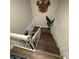 Stairway with white railings and hardwood steps and a decorative wall hanging at 2716 11Th Ct, Palm Harbor, FL 34684