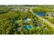 Aerial view of community amenities featuring pools, tennis courts, and playgrounds amidst lush greenery at 31241 Kirkshire Ct, Wesley Chapel, FL 33543