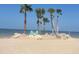 Idyllic beach view featuring palm trees, sandy shores, and comfortable Adirondack chairs at 5133 Glenn Dr, New Port Richey, FL 34652