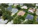 An aerial view of well-maintained homes with lush lawns, mature trees, and screened pools at 8731 Tantallon Cir, Tampa, FL 33647