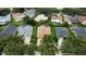 Aerial view of neighborhood with homes, green lawns, mature trees, and screened pools at 8731 Tantallon Cir, Tampa, FL 33647